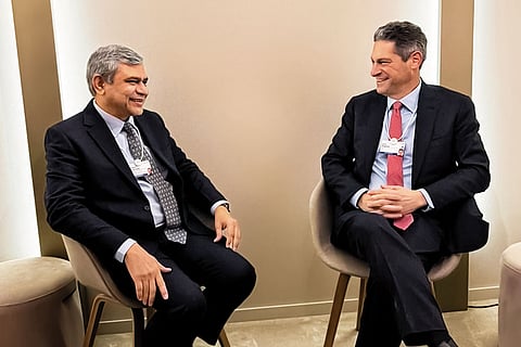 Ashwini Vaishnaw (left) with Meta’s Joel Kaplan at WEF Davos