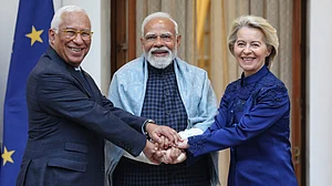 X/@NarendraModi : (L to R) European Council President António Costa, Prime Minister Narendra Modi and European Commission President Ursula von der Leyen