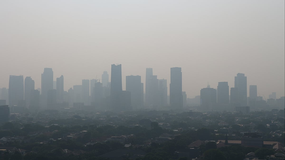 Urban skyline shrouded in smog - null