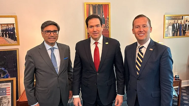 From Left: Foreign Secy Vikram Misri, US State Secretary Marco Rubio, US Ambassador to India Sergio Gor - X
