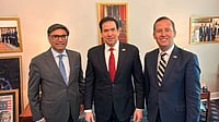 X : From Left: Foreign Secy Vikram Misri, US State Secretary Marco Rubio, US Ambassador to India Sergio Gor