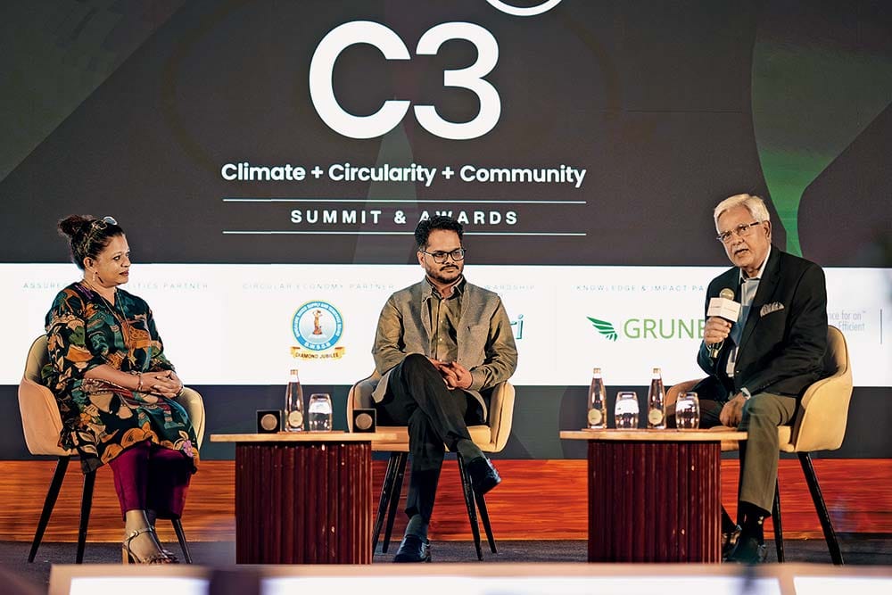 (L-R) Lavanya Jayaram, Manish Kumar Shrivastava and RR Rashmi at a panel discussion on Unlocking Private Capital for Climate Action 