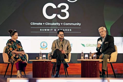 (L-R) Lavanya Jayaram, Manish Kumar Shrivastava and RR Rashmi at a panel discussion on Unlocking Private Capital for Climate Action 