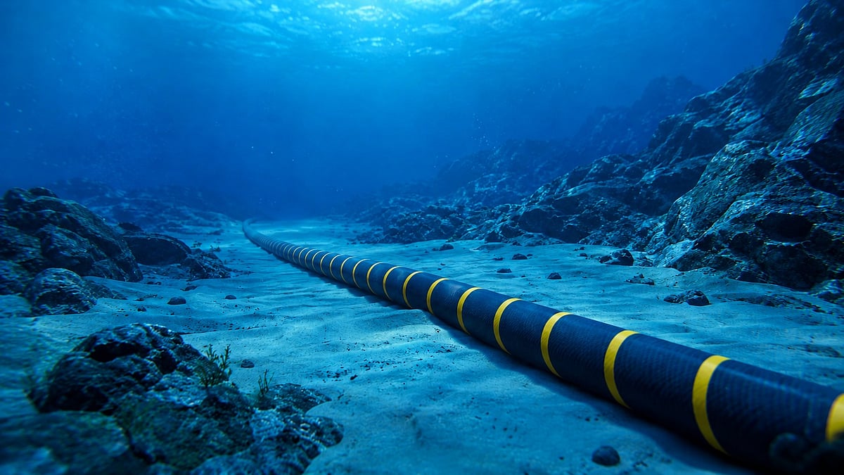 Illustration of undersea internet cables connecting global digital infrastructure routes across oceans - null
