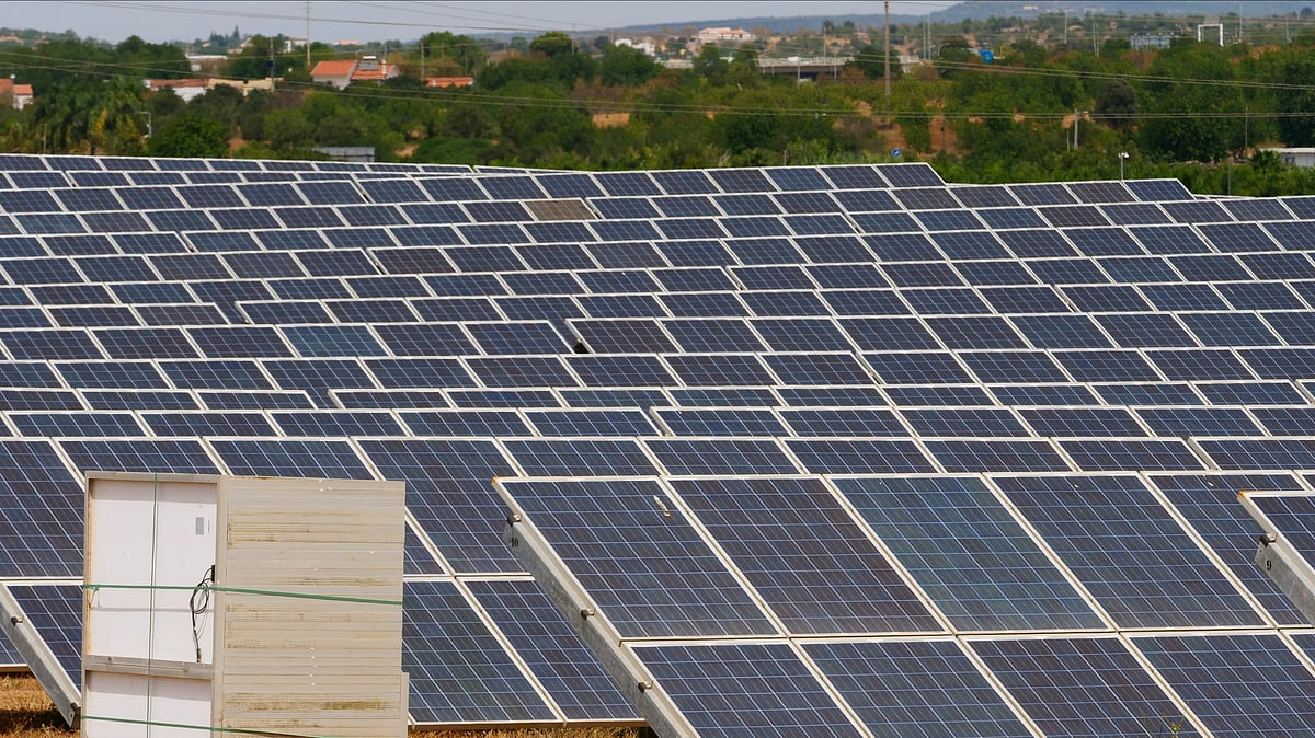 Solar panels generate electricity at a large-scale renewable energy project - null
