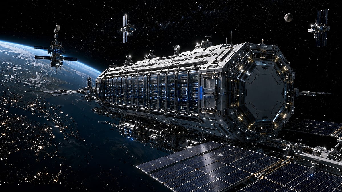 Illustration of a futuristic space-based data centre processing satellite data in orbit - null