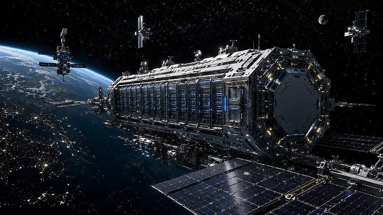 Illustration of a futuristic space-based data centre processing satellite data in orbit - null