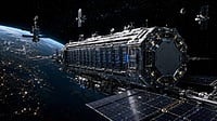 Illustration of a futuristic space-based data centre processing satellite data in orbit