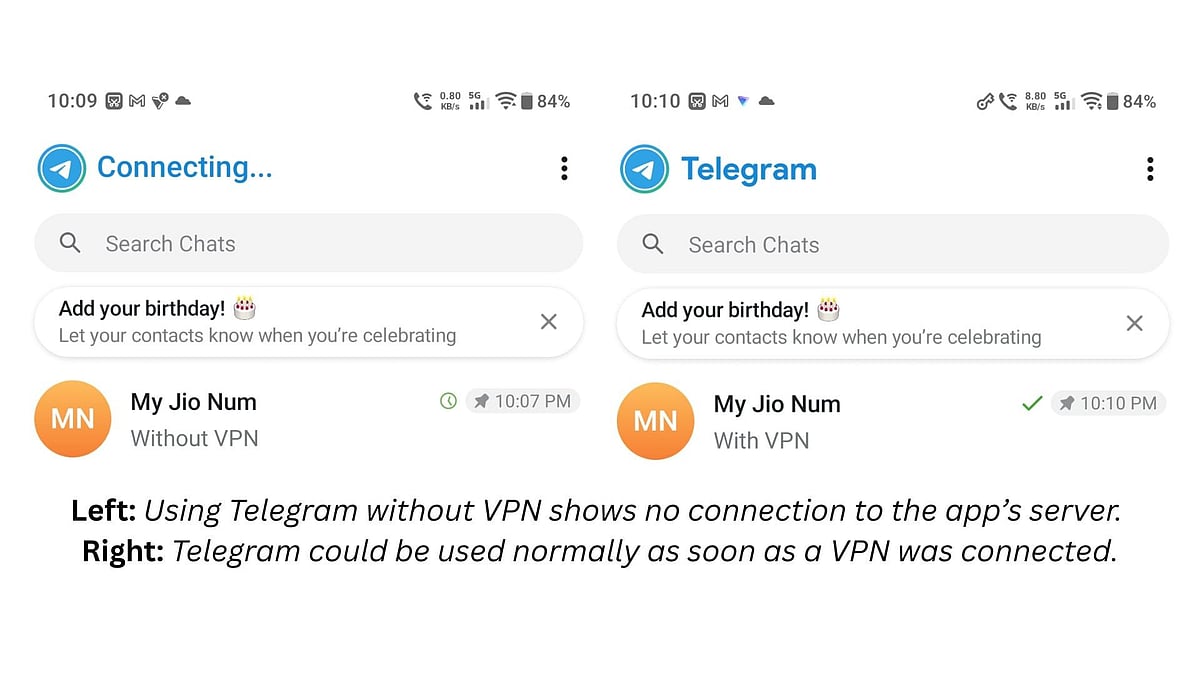 Outlook Business used Telegram using VPN and could send texts without any disruptions