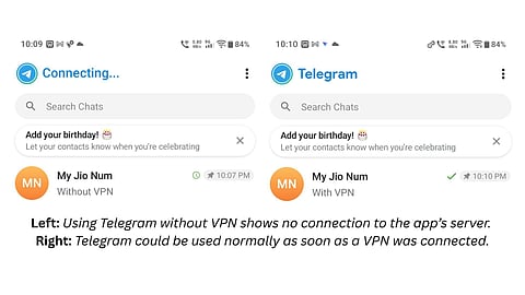Outlook Business used Telegram using VPN and could send texts without any disruptions