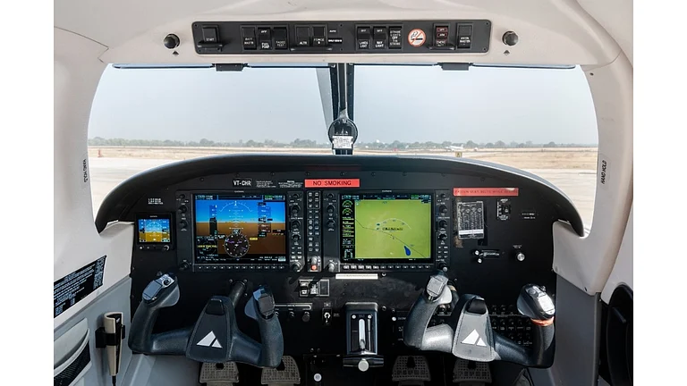 Inside the cockpit of a Piper Archer DX, at Chimes Aviation Academy - null