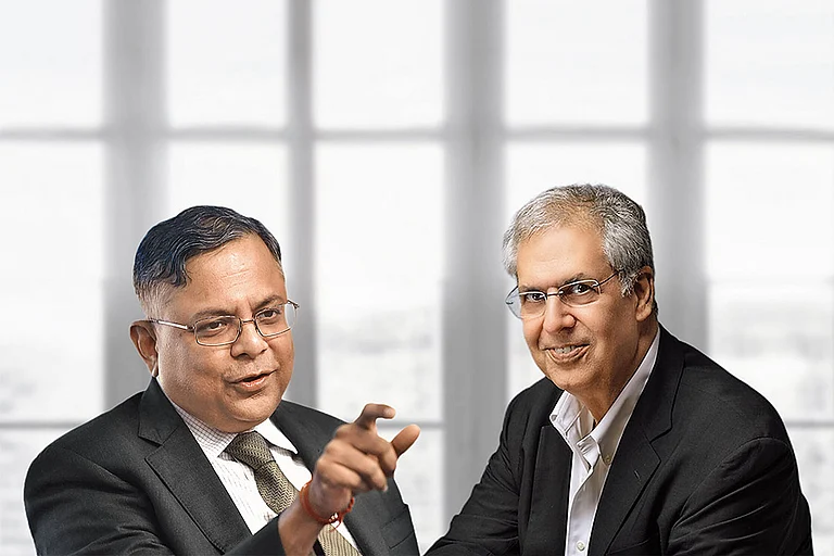 N Chandrasekaran, chairman, Tata Sons (extreme left), and Noel Tata, chairman, Tata Trusts - null