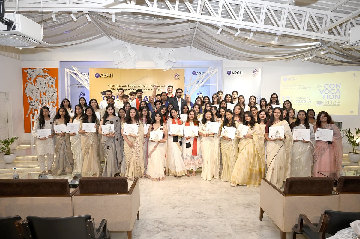 Graduating students with distinguished guests and Ms. Archana Surana, Director, ARCH College of Design & Business, during the 24th Convocation Ceremony in Jaipur - null