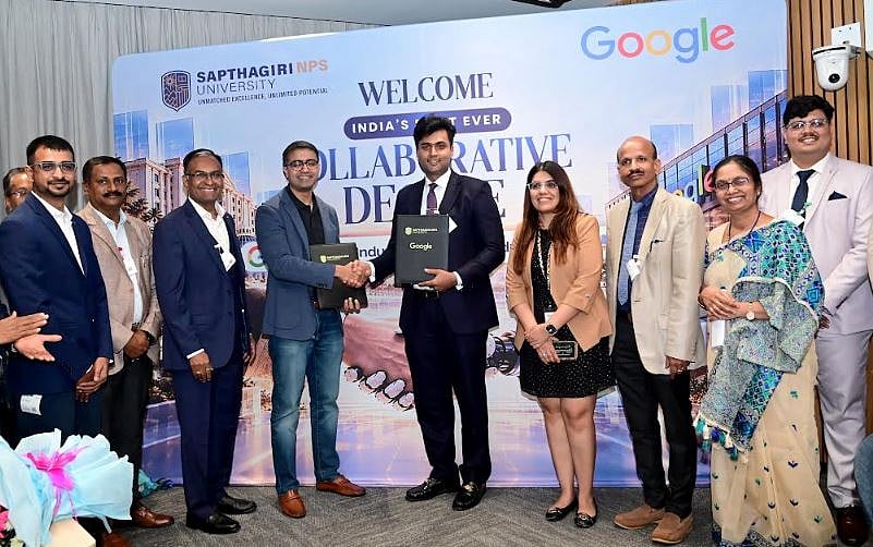 MOU Signing & File Exchange between SNPSU and Google Cloud, with Shanoop, Head, Google AI GTM, India, and G. D. Manoj, Pro-Chancellor, SNPSU. - User