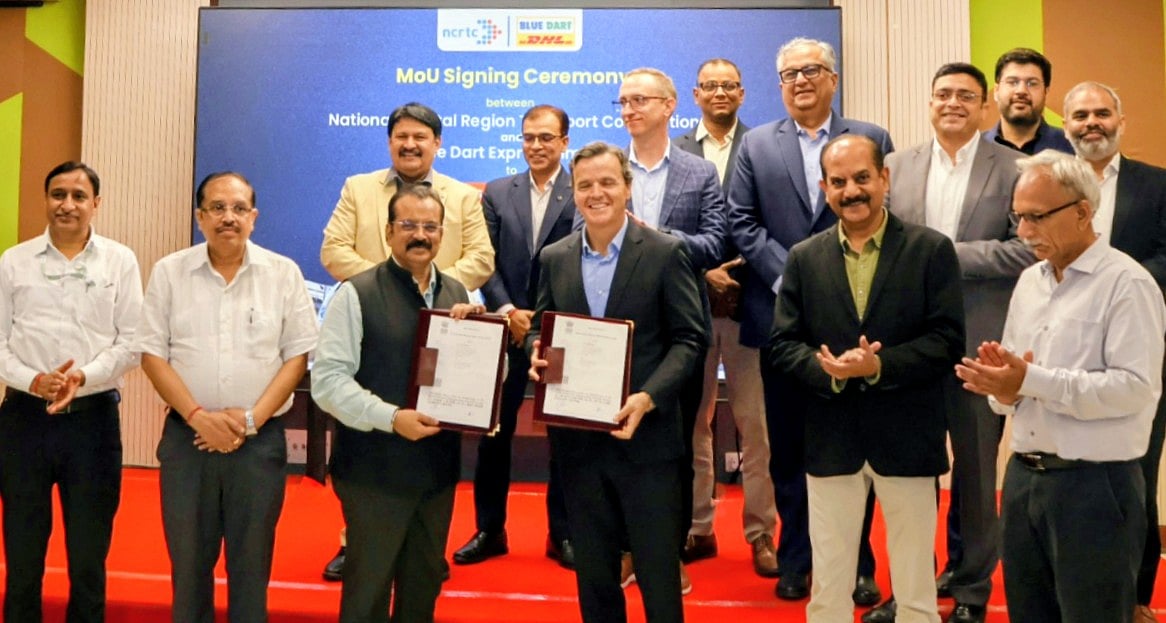 Pablo Ciano, CEO, DHL eCommerce; Balfour Manuel, MD, Blue Dart; Dipanjan Banerjee, CCO, Blue Dart; and Shalabh Goel, MD, NCRTC, at the MoU signing between Blue Dart and NCRTC. - null