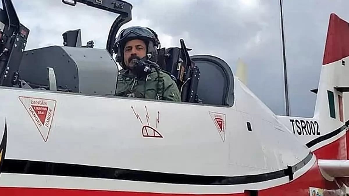 Former Air Chief Marshal RKS Bhadauria in the HTT-40 trainer aircraft in Bengaluru