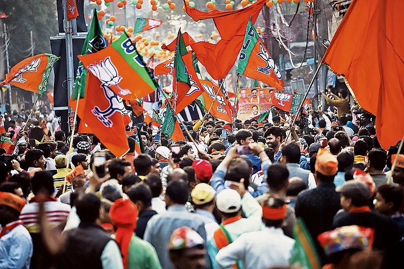 BJP supporters at Allahabad at a 2022 roadshow for Yogi Adityanath