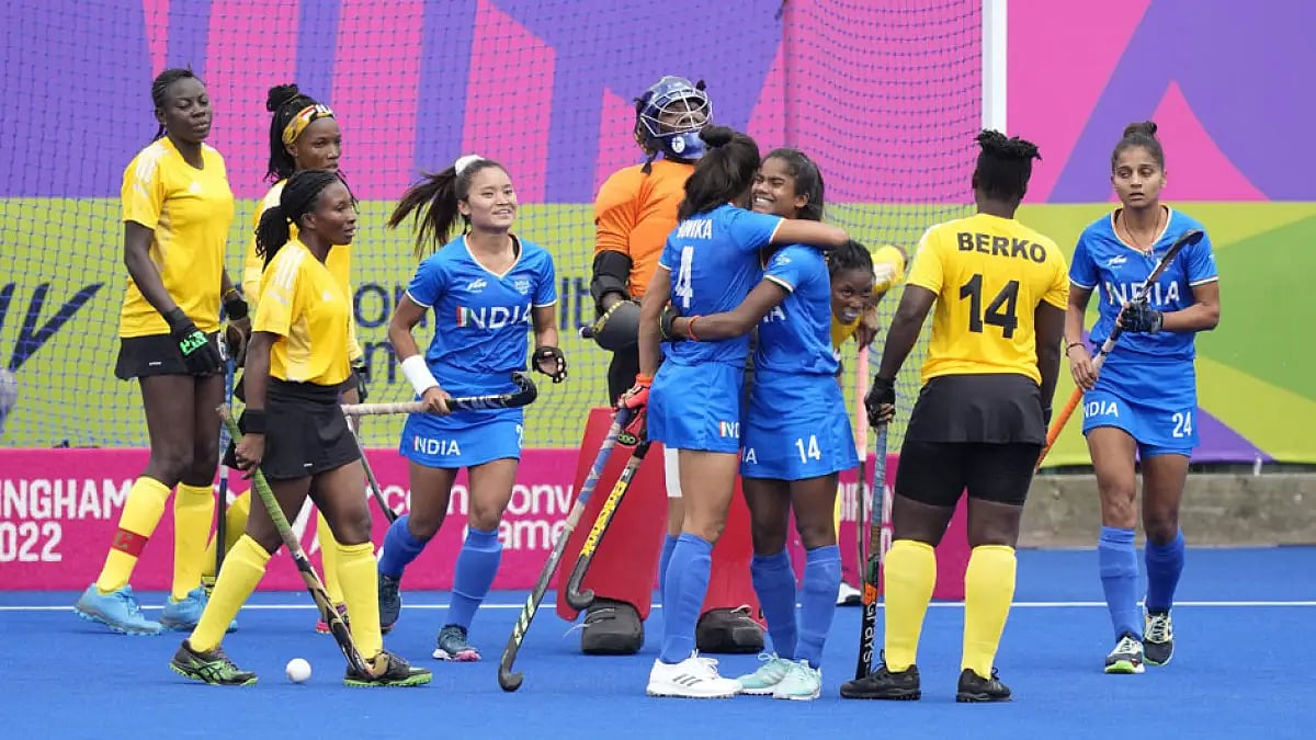 Photo: PTI : India hockey players celebrate a goal against Ghana at the Commonwealth Games. 

