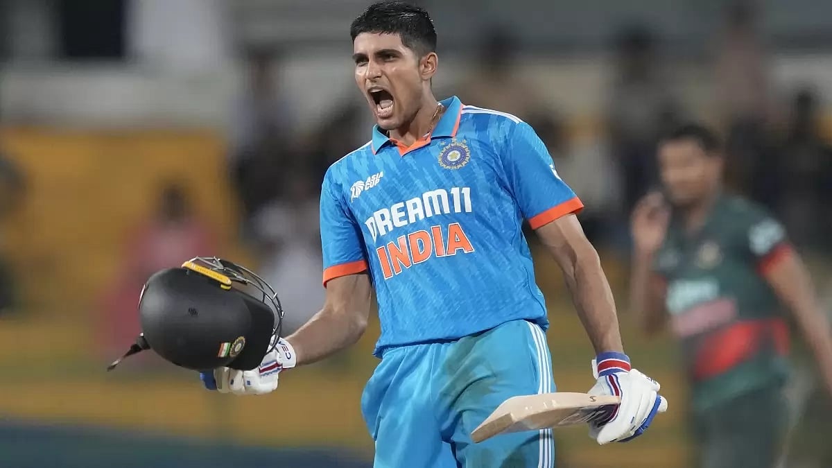 AP Photo/Eranga Jayawardena : File photo of Shubman Gill celebrating his century against Bangladesh in Colombo