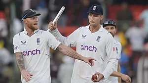 AP : England's captain Ben Stokes (left) and teammate Tom Hartley celebrate victory in the first Test match against India in Hyderabad