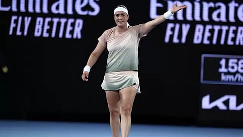 Ons Jabeur of Tunisia reacts in frustration during her second round match against Mirra Andreeva of Russia at the Australian Open tennis championships at Melbourne Park