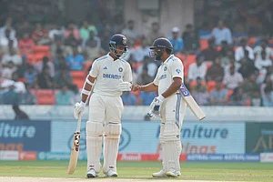 X/ @BCCI : India openers Yashasvi Jaiswal (L) and captain Rohit Sharma on Day 1 of the 1st Test against England in Hyderabad