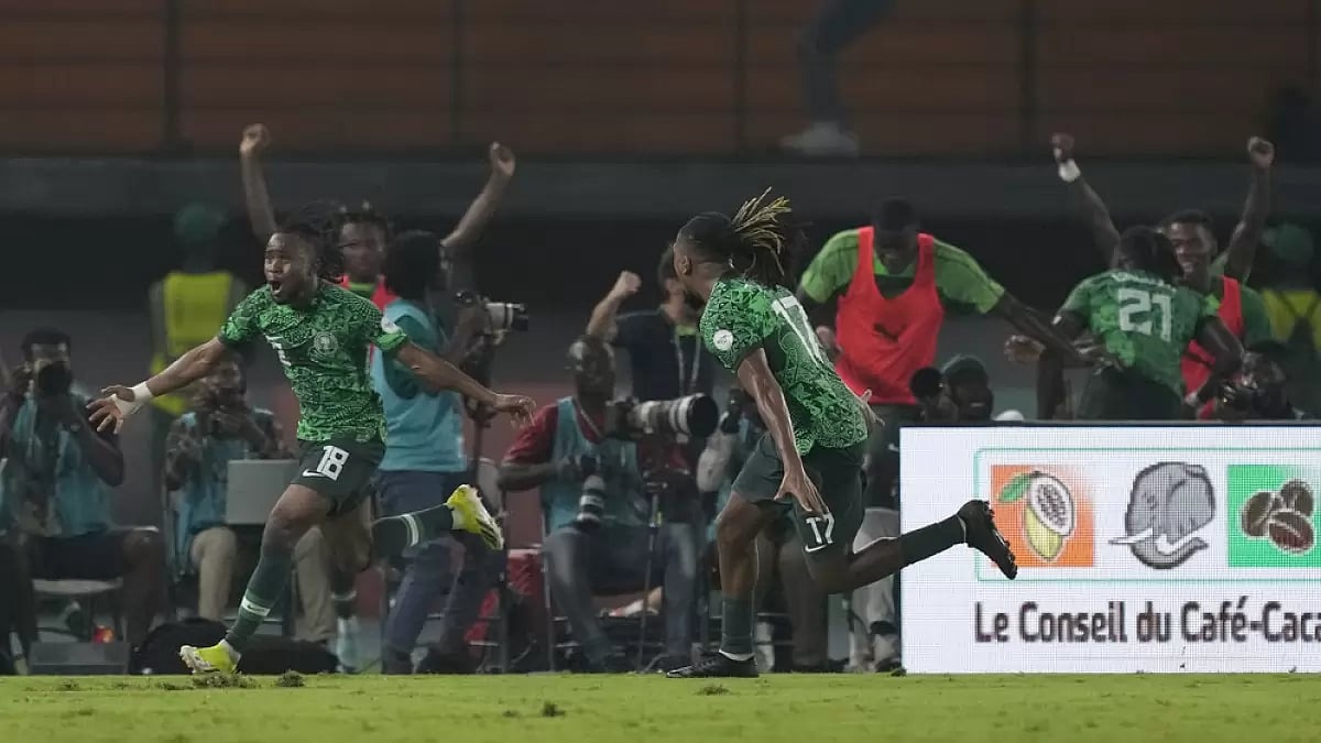 Ademola Lookman, left, celebrates with teammates after scoring his side's second goal during the African Cup of Nations round of 16 football match between Nigeria and Cameroon, at the Felix Houphouet Boigny stadium in Abidjan, Ivory Coast - AP