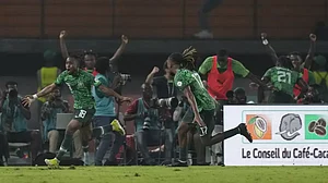 AP : Ademola Lookman, left, celebrates with teammates after scoring his side's second goal during the African Cup of Nations round of 16 football match between Nigeria and Cameroon, at the Felix Houphouet Boigny stadium in Abidjan, Ivory Coast