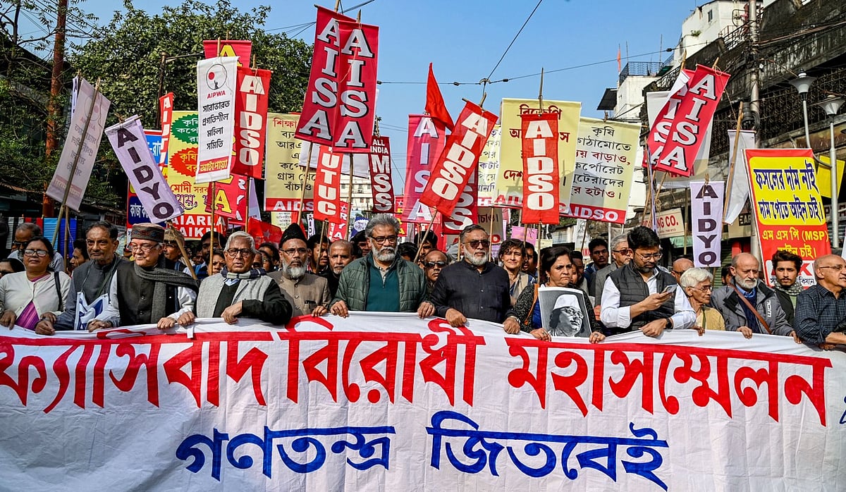 PTI : Members of various organisations participate in a protest rally against fascism, in Kolkata, Monday