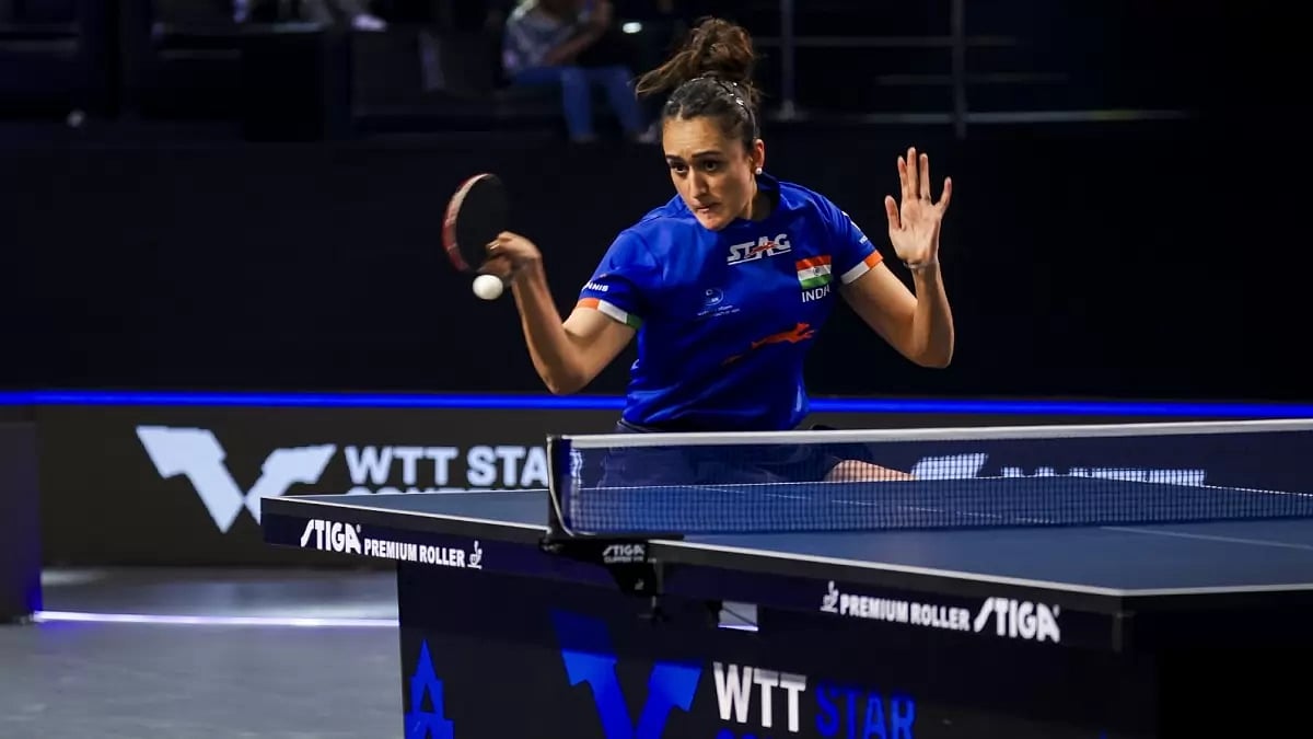 Manika Batra in action during her round of 32 match against South Korea's Suh Hyo Won at the WTT Star Contender Goa 2024