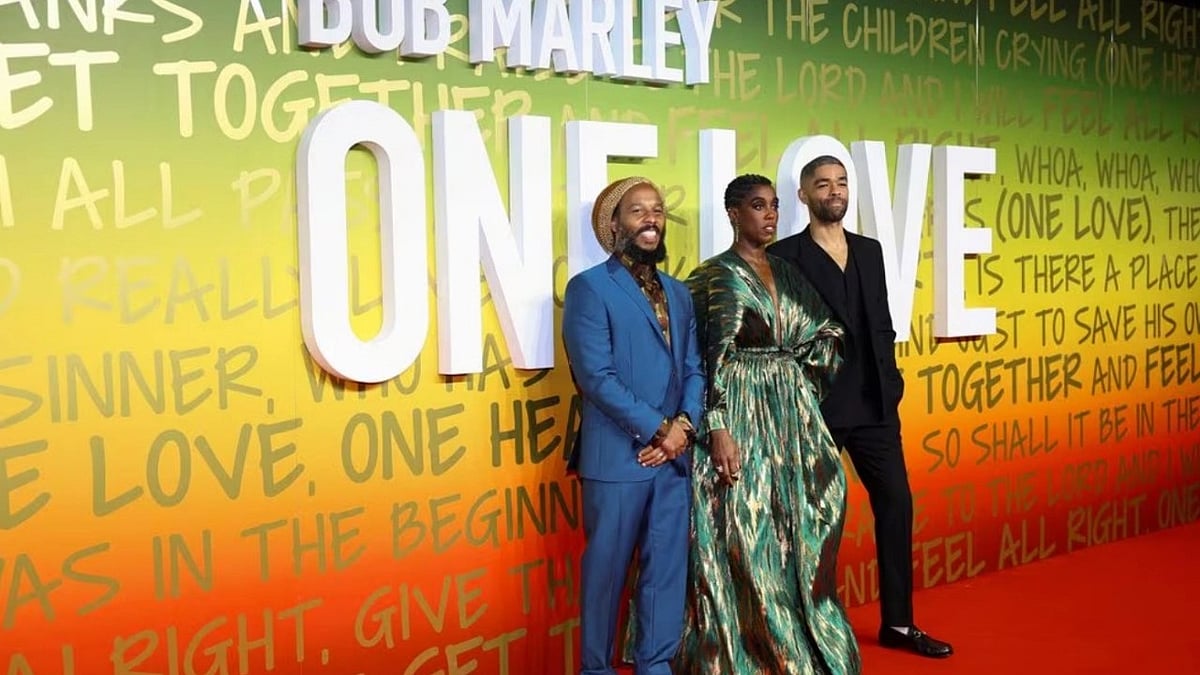 
(Reuters) : Actors Kingsley Ben-Adir, Lashana Lynch and producer Ziggy Marley at the premiere of the film 'Bob Marley: One Love' 