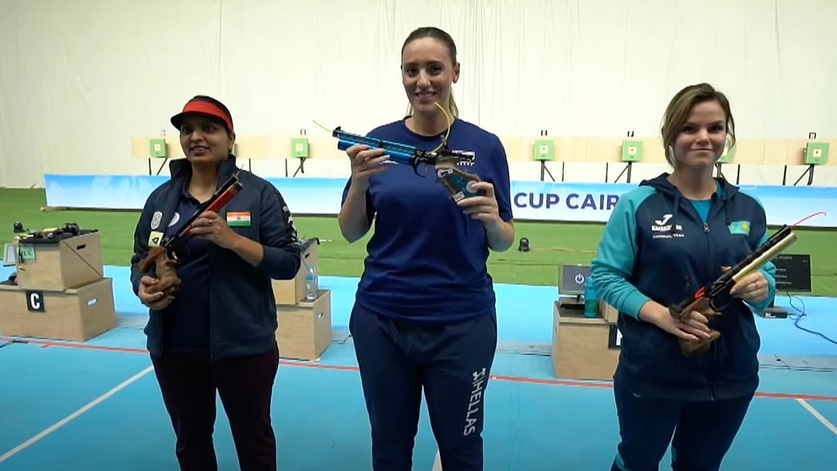 Screengrab: X (@OfficialNRAI) : Anuradha Devi with fellow medallists at Cairo ISSF World Cup.