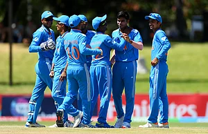 X/ @BCCI : Indian Under-19 players celebrating after a wicket against New Zealand in ICC U-19 World Cup 2024 on Tuesday in Bloemfontein