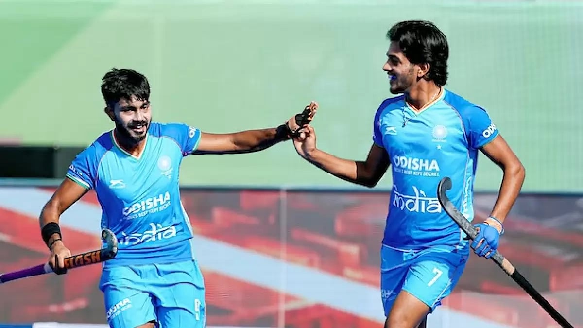 X/ @TheHockeyIndia : Indian players celebrating a goal in FIH Men's Hockey5s World Cup 2024 in Muscat