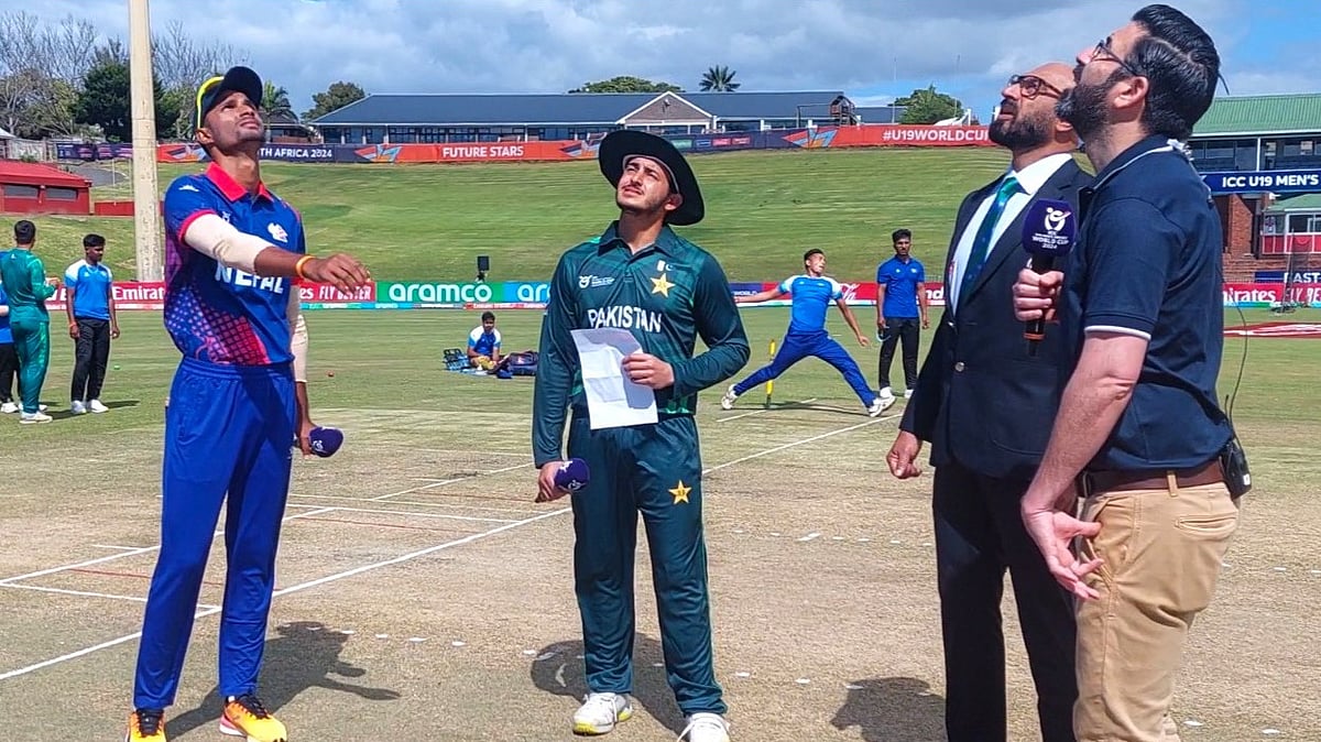 Courtesy: PCB : Nepal captain Dev Khanal and Pakistan skipper Saad Baig at the toss for their ICC U-19 Cricket World Cup 2024 match in East London, South Africa.
