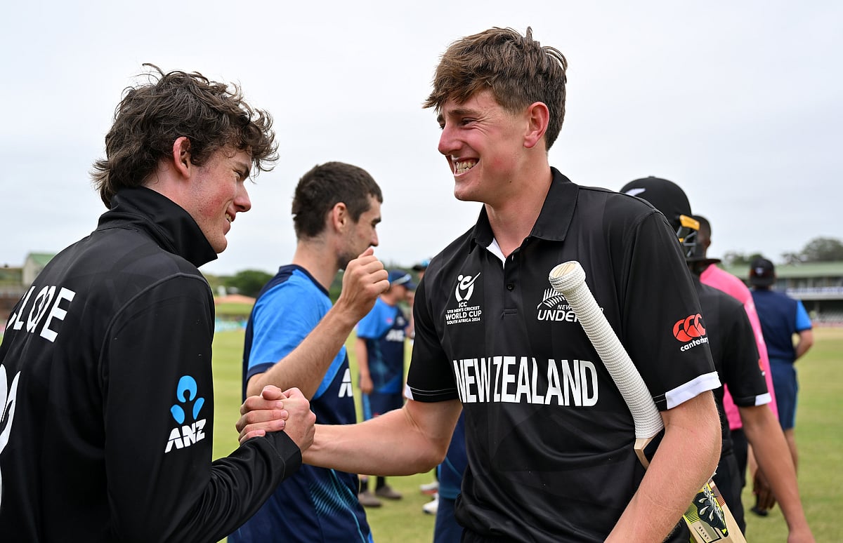 X/ @BLACKCAPS : Matt Rowe celebrating with teammates after hitting the winning runs for New Zealand against Afghanistan in ICC U-19 World Cup 2024 on Tuesday 

