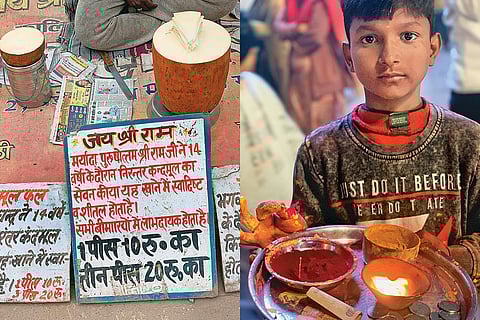 (Left-Right) Seller of kandhamul, a root Ram, Sita and Lakshman are said to have eaten; A boy at Dasashwamedh Ghat, Varanasi