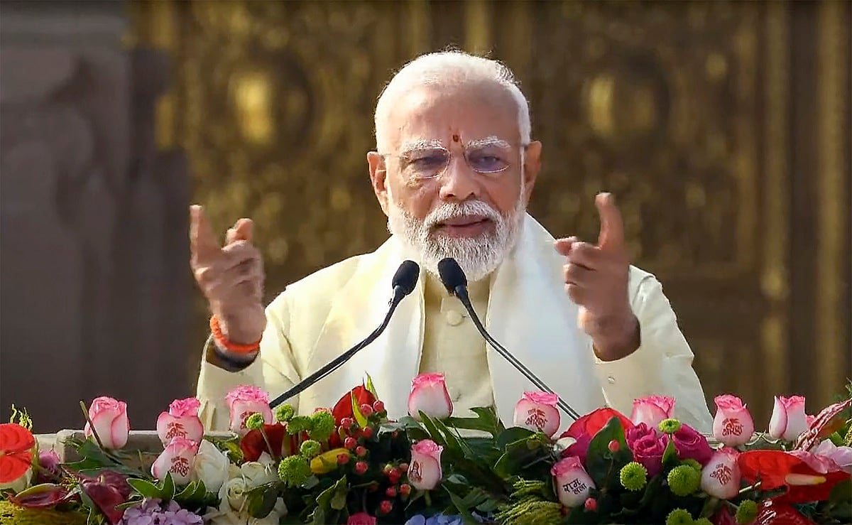 PTI Photo : PM Narendra Modi addresses after the ‘Pran Pratishtha’ ceremony at the Ram Mandir, in Ayodhya