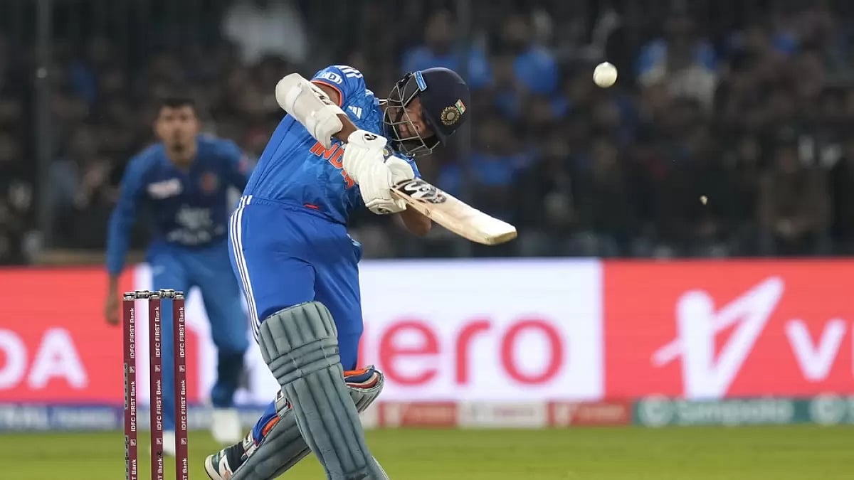 AP : Indian opener Yashasvi Jaiswal smashed a delivery for six against Afghanistan in the 2nd T20I in Indore 
