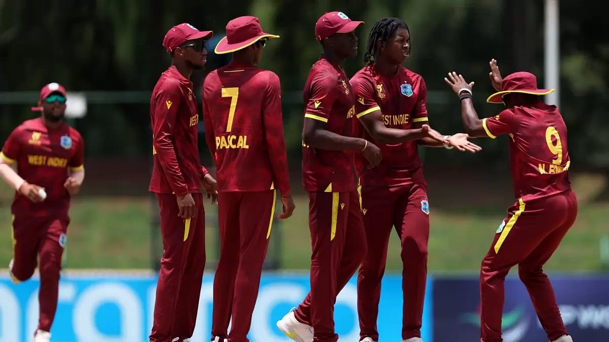 Courtesy: ICC : Isai Thorne of West Indies celebrates the wicket of Owen Gould of Scotland during the ICC U19 Men's Cricket World Cup South Africa 2024 match between West Indies and Scotland at JB Marks Oval on January 24, 2024 in Potchefstroom, South Africa.