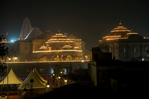 Ram Mandir illuminated ahead of the consecration ceremony in Ayodhya.