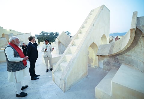Prime Minister Narendra Modi with French President Emmanuel Macron visits the Jantar Mantar, in Jaipur