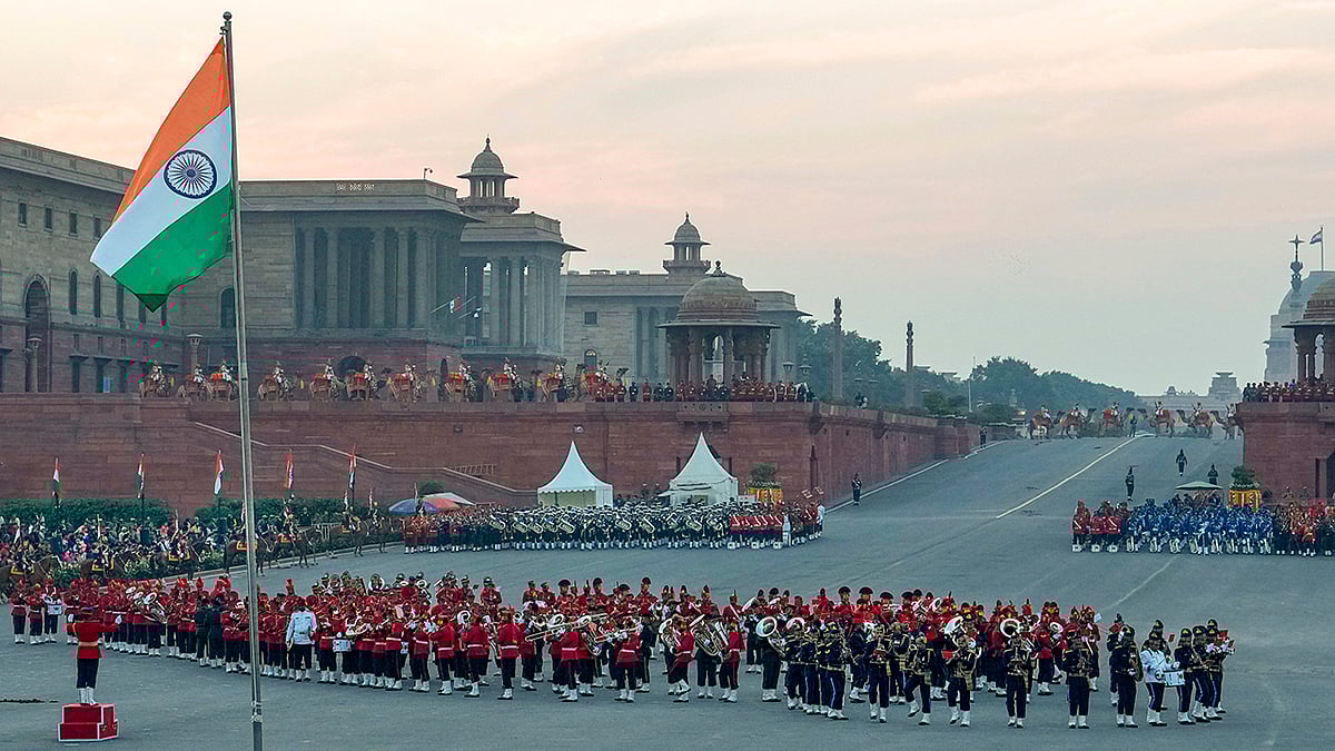 Photo: PTI/Kamal Kishore : Rehearsal For Beating Retreat Ceremony