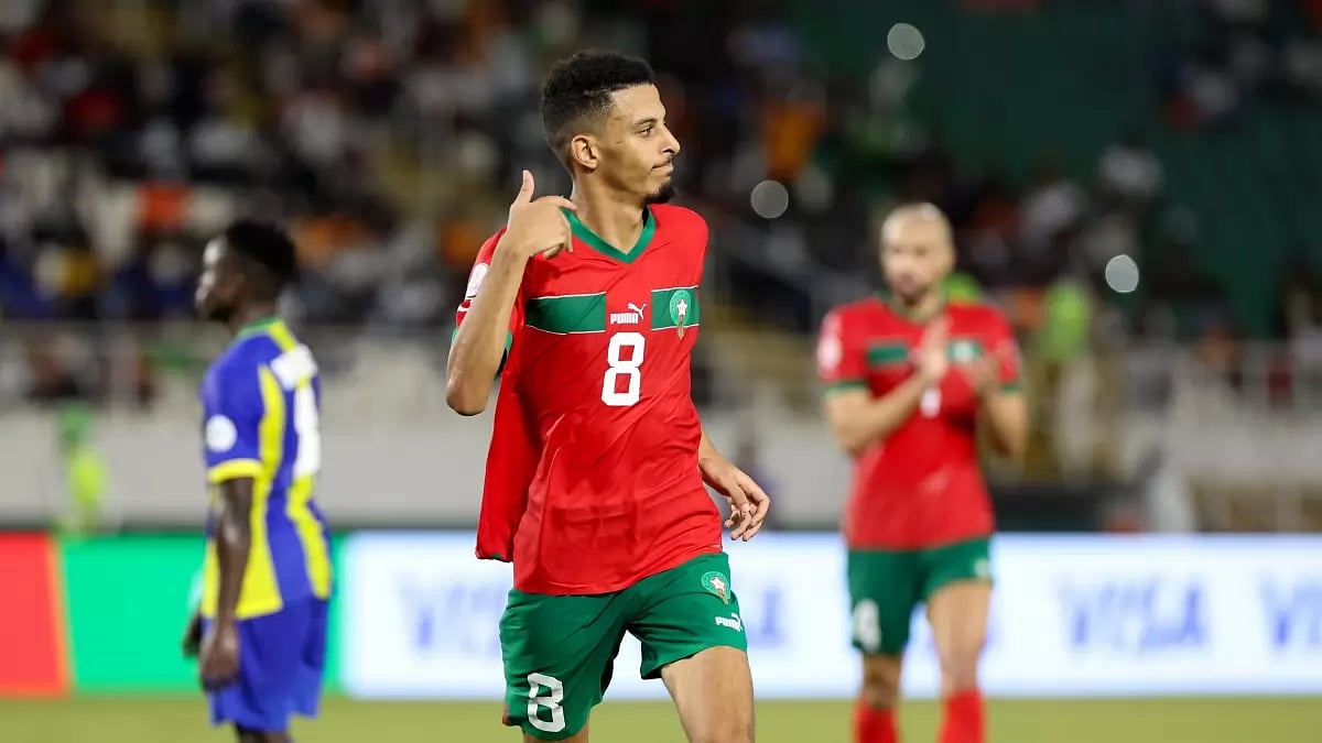 X/ CAF : AFCON 2023: Morocco's Azzedine Ounahi celebrates his goal against Tanzania 
