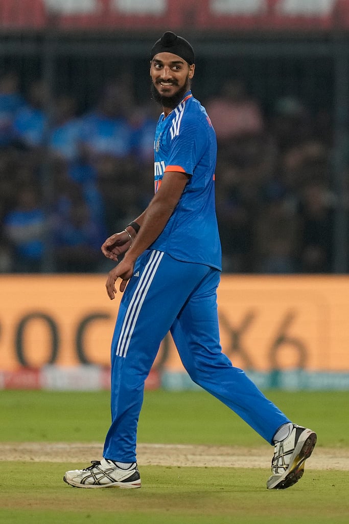  (AP Photo/Rajanish Kakade) : India's Arshdeep Singh during the second T20 cricket match between India and Afghanistan in Indore, India, Sunday, Jan. 14, 2024.