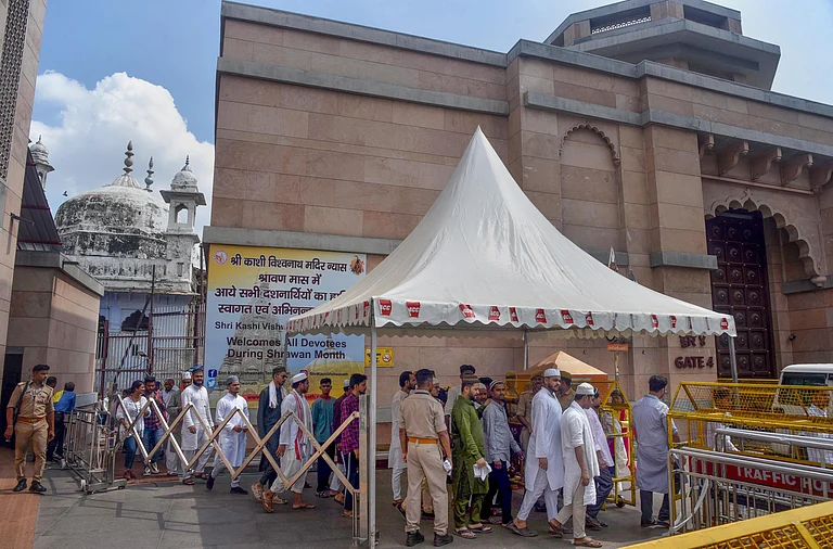 Muslims come out of the Gyanvapi mosque after offering prayers amid tight security. Representational Photo | - -PTI Photo
