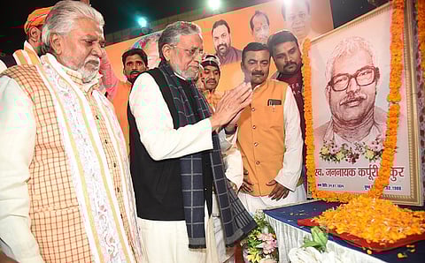 BJP MP Sushil Kumar Modi pay tribute to Jannayak Karpoori Thakur on his birth anniversary at Vidyapati Bhawan on January 24, 2023 in Patna
