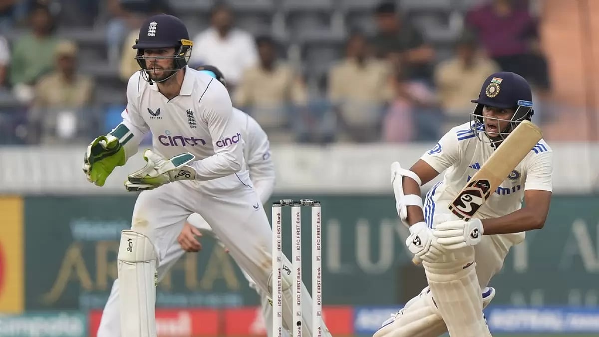 AP : Yashasvi Jaiswal, right, plays a shot on the first day of the first cricket Test match between England and India in Hyderabad