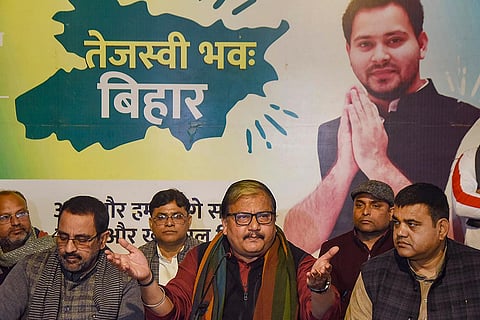 Manoj Jha addressing media
