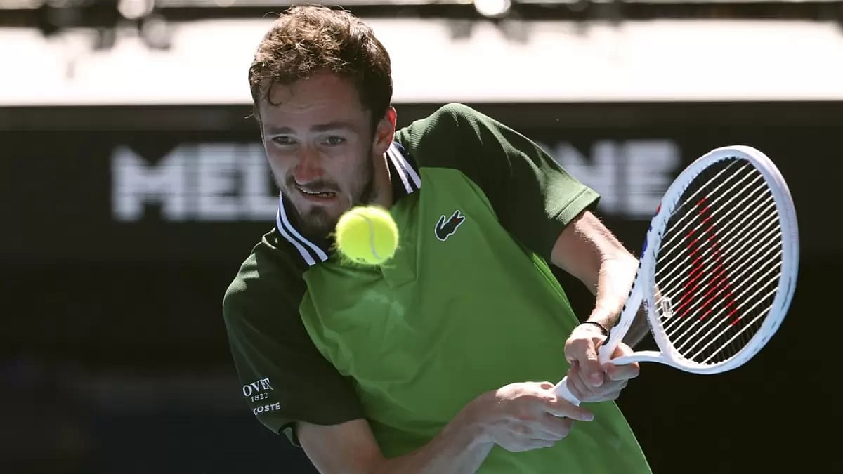 AP : Daniil Medvedev in action against Hubert Hurkacz during their Australian Open 2024 quarter-final.